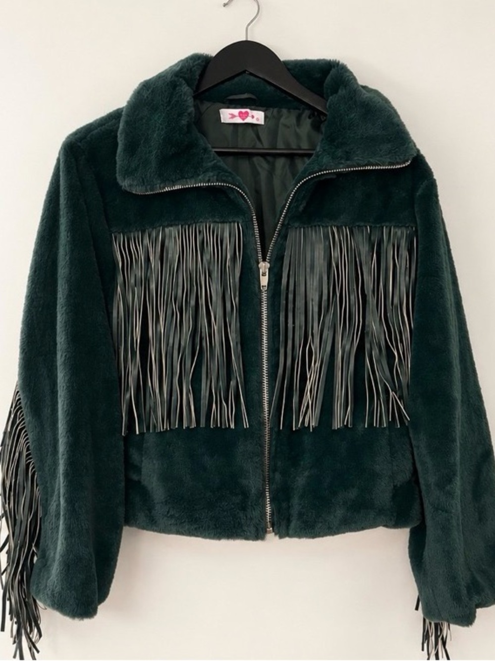 BuddyLove Skylar Fringe Faux Fur Jacket – Green – Size Small
